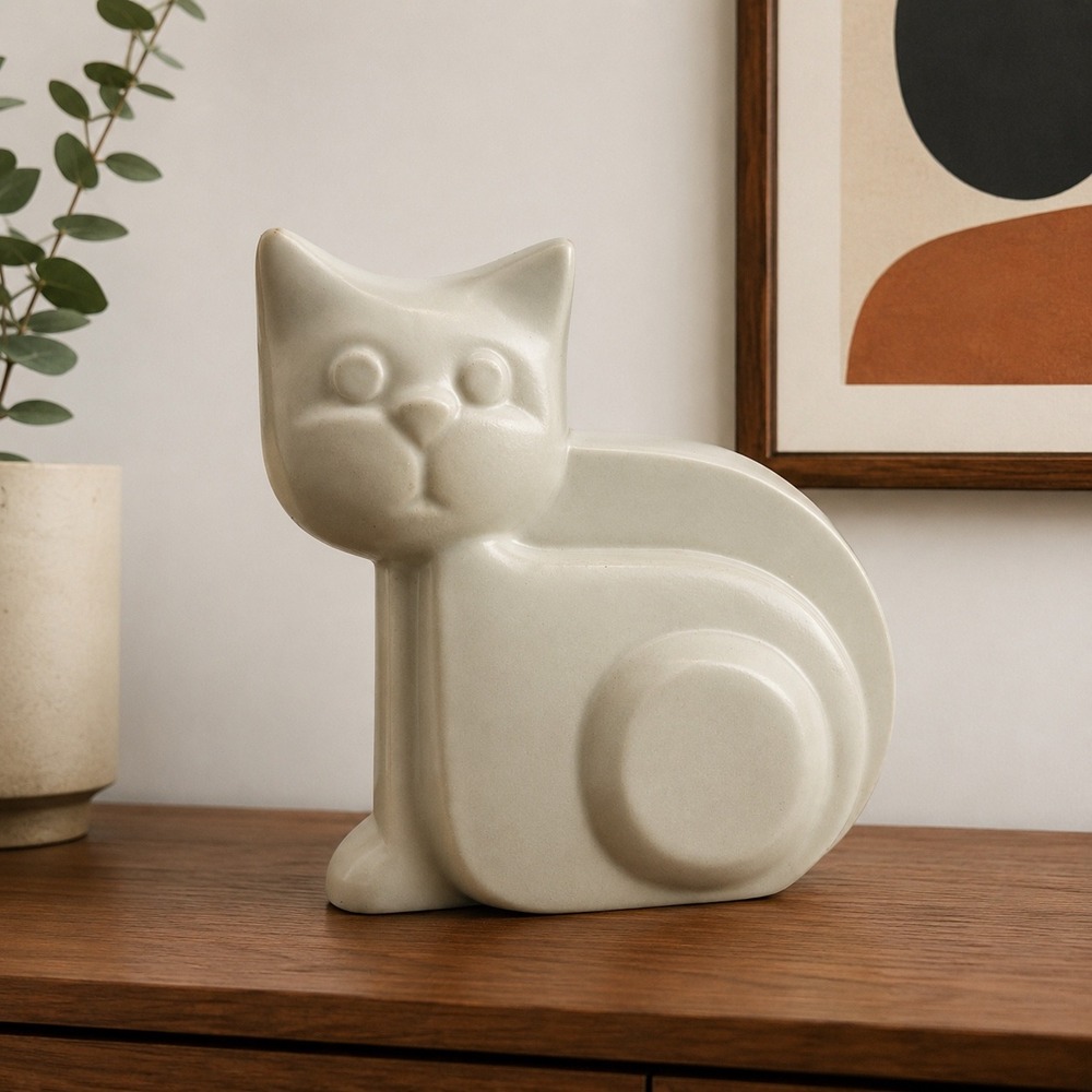 Vintage MCM White Ceramic Cat Figurine Modernist Art Pottery Decor